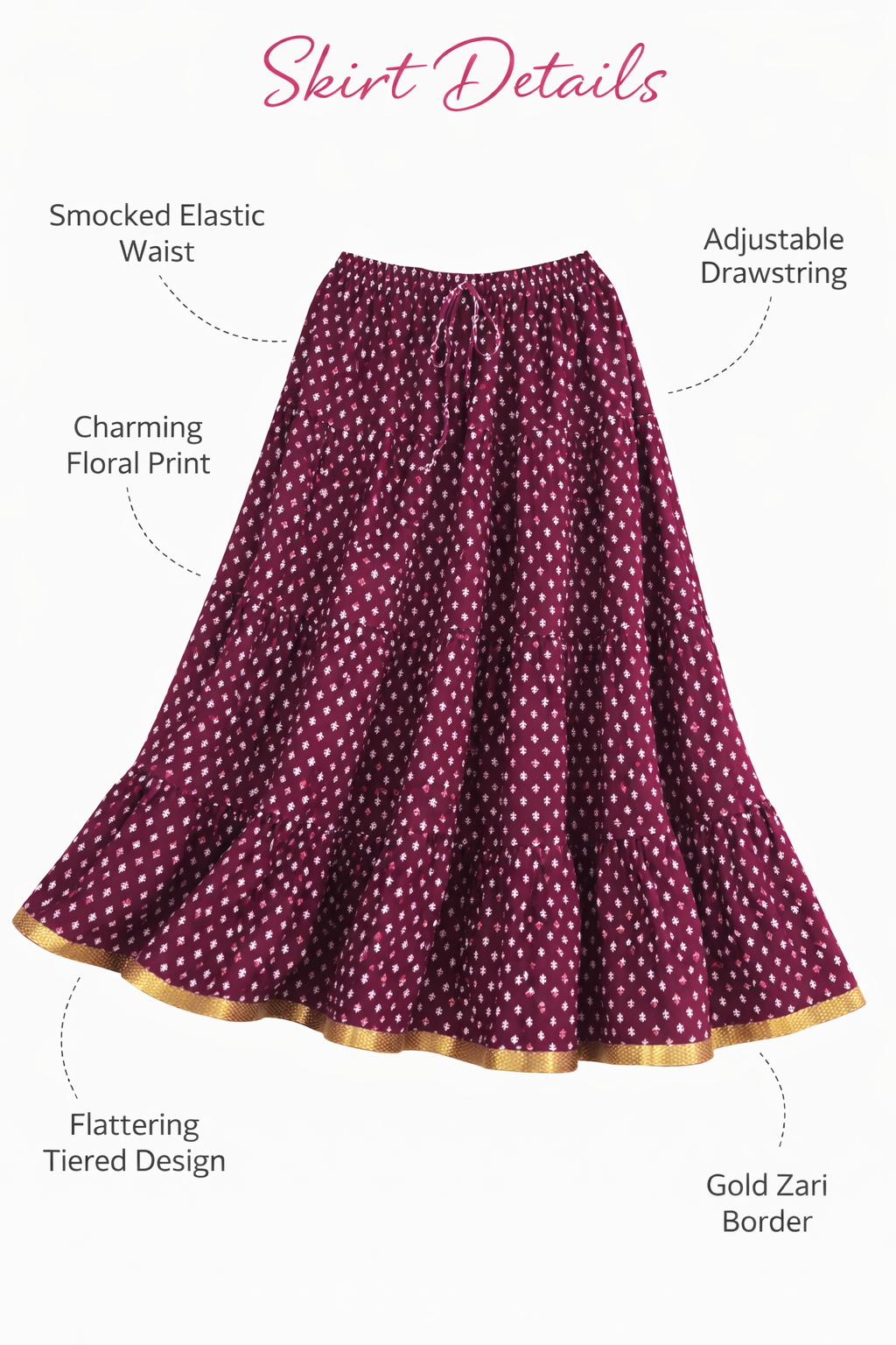 Blackfever Elegant deep plum purple base Printed Tiered Skirt – Free Size