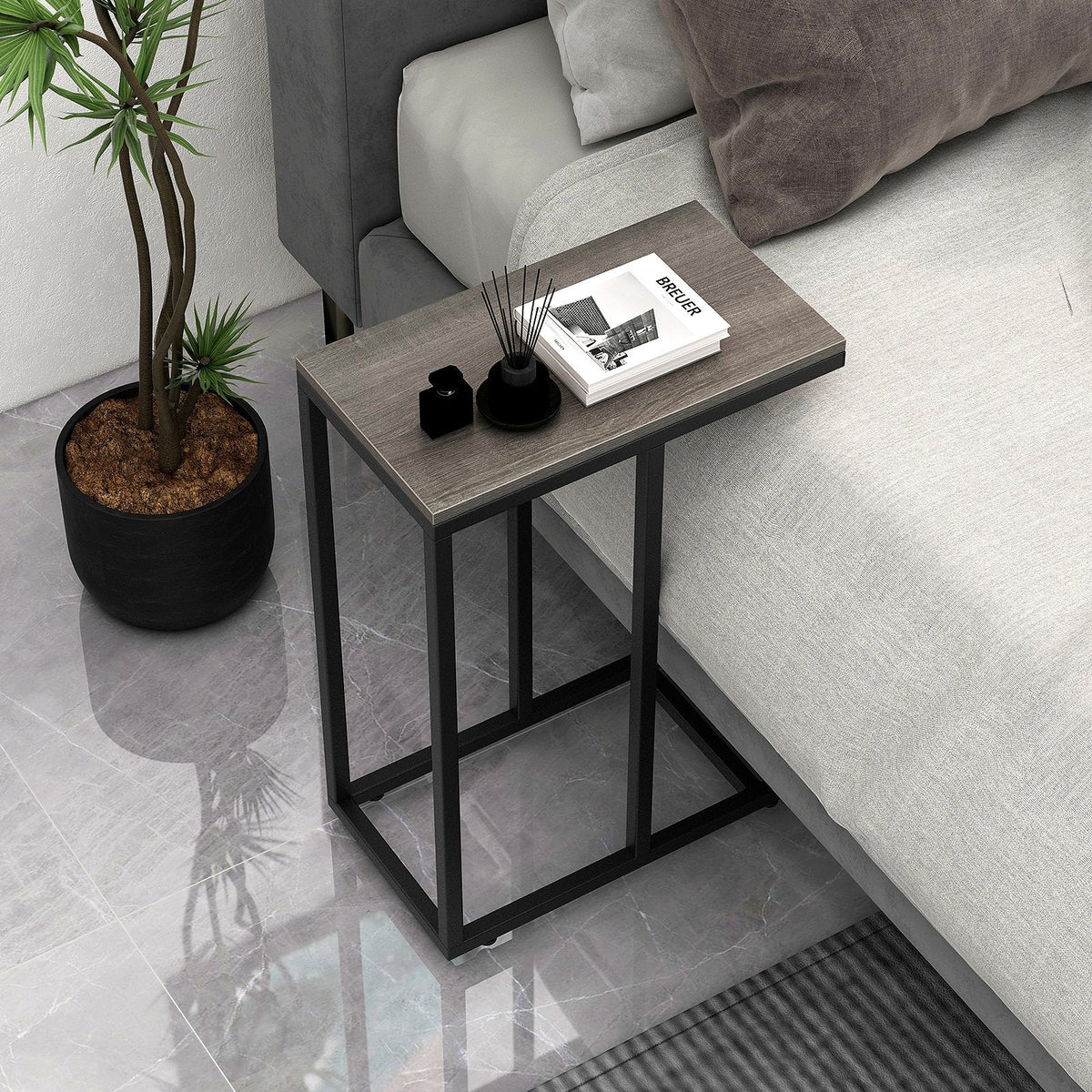 C-Shaped End Table for Couch and Bed with Metal Frame-Black
