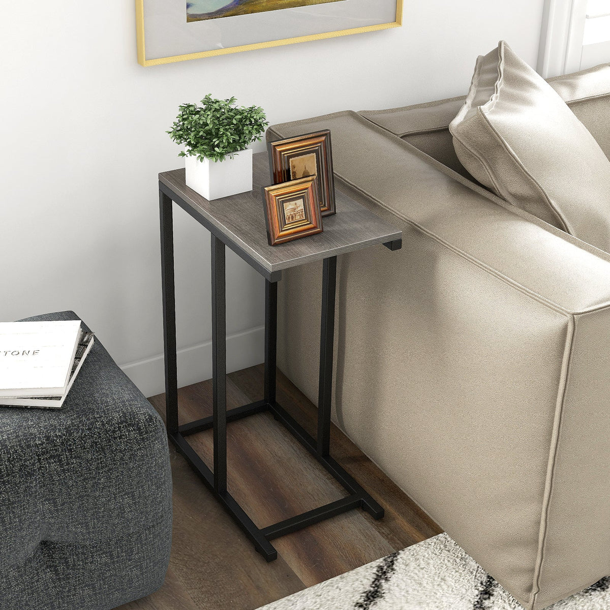 C-Shaped End Table for Couch and Bed with Metal Frame-Black
