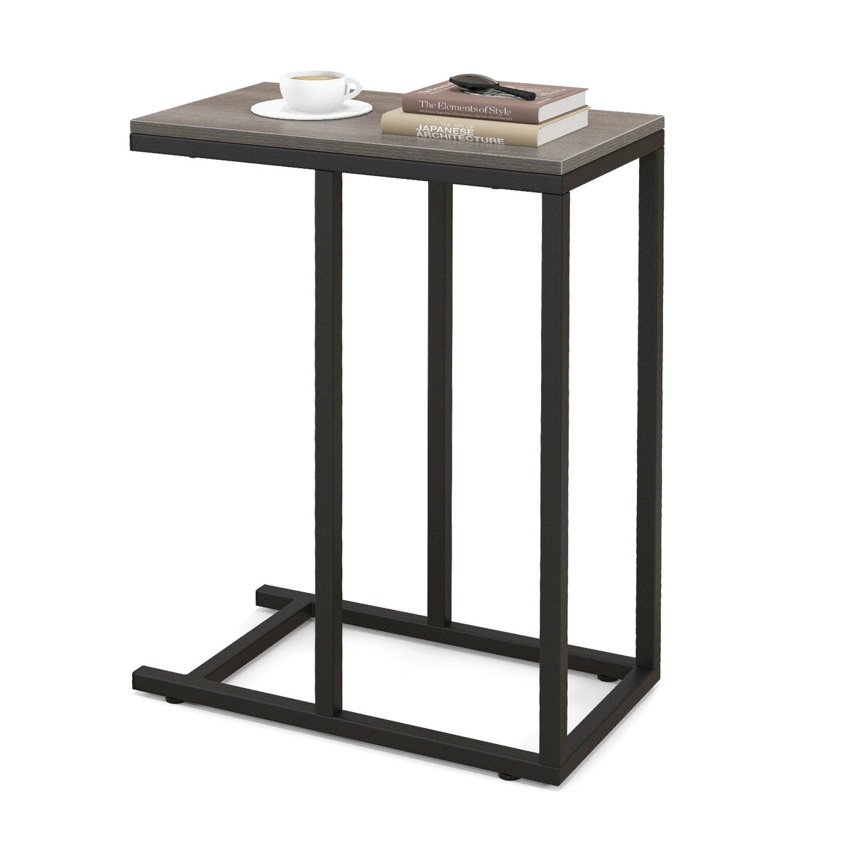 C-Shaped End Table for Couch and Bed with Metal Frame-Black
