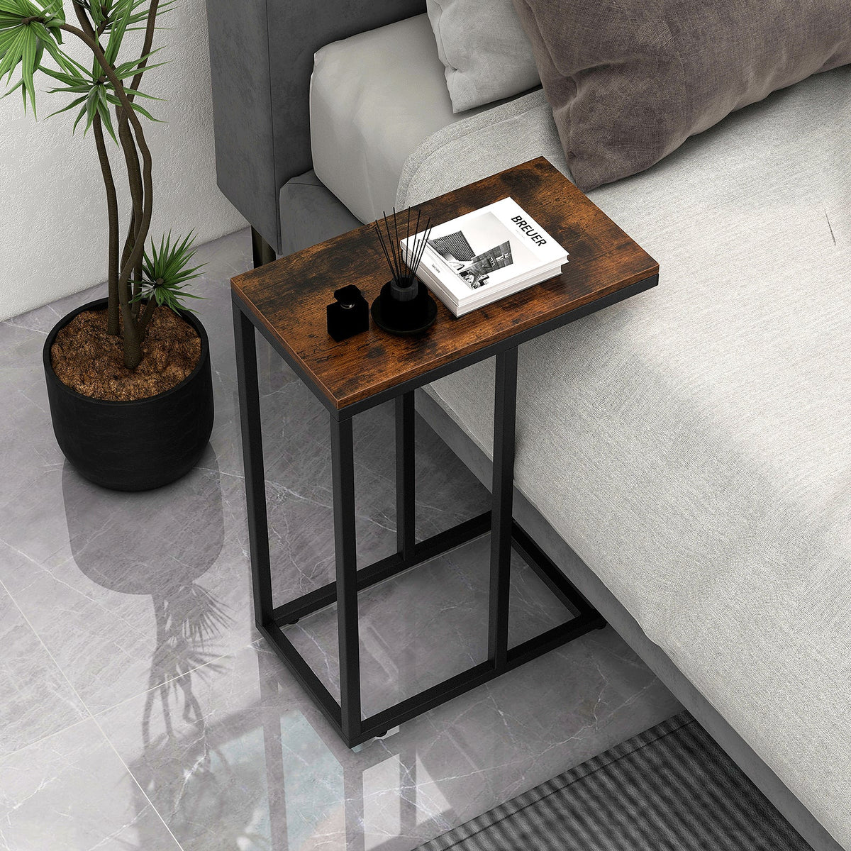 C-Shaped End Table for Couch and Bed with Metal Frame-Black