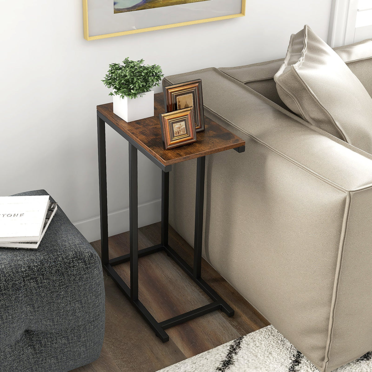 C-Shaped End Table for Couch and Bed with Metal Frame-Black