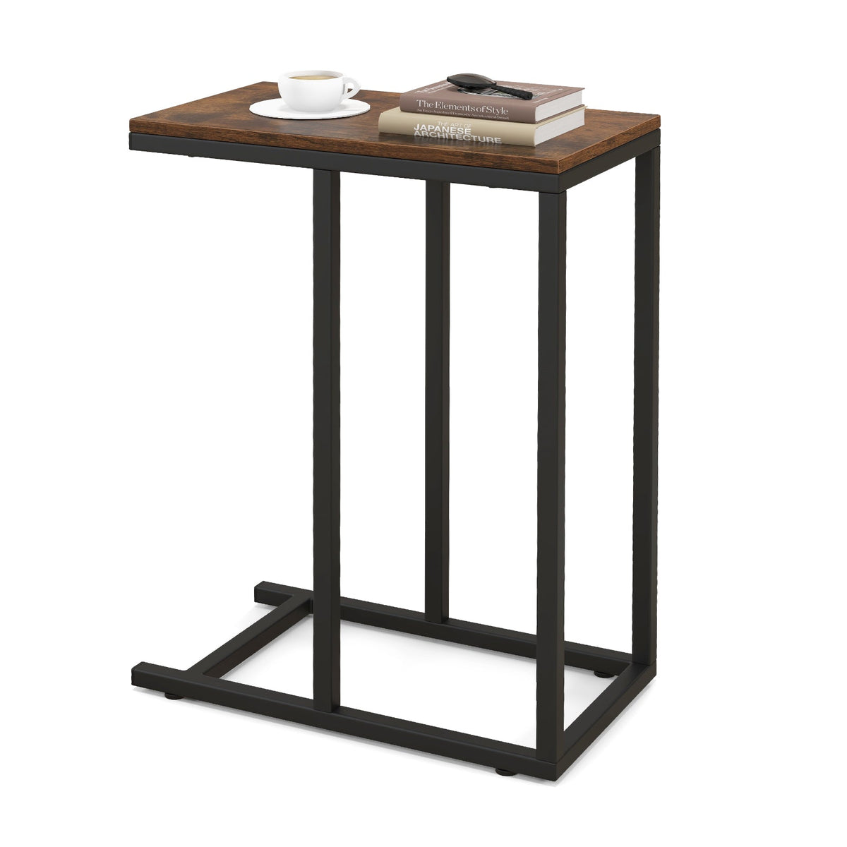 C-Shaped End Table for Couch and Bed with Metal Frame-Black