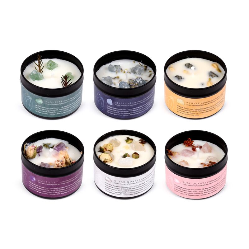 Wax Candle Tin - Crystal Gemstone & Dried Flowers