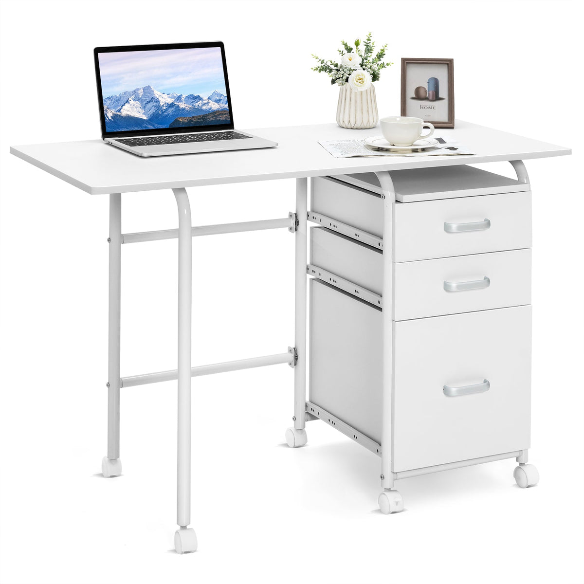 Folding Computer Desk with Rolling Wheels and 3 Drawers for Home Office-Brown