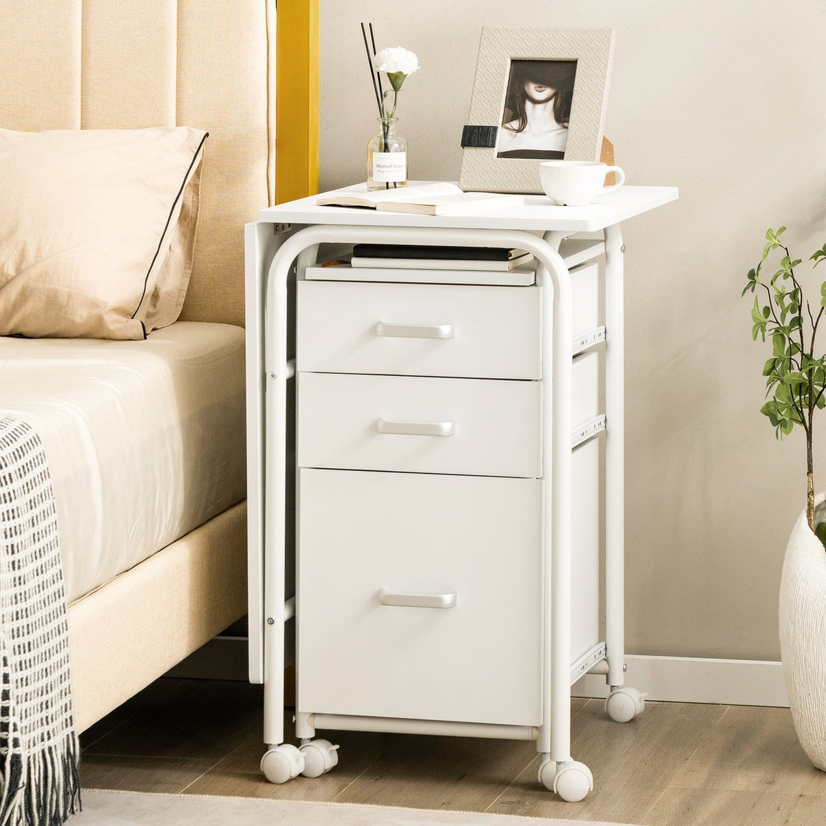 Folding Computer Desk with Rolling Wheels and 3 Drawers for Home Office-Brown