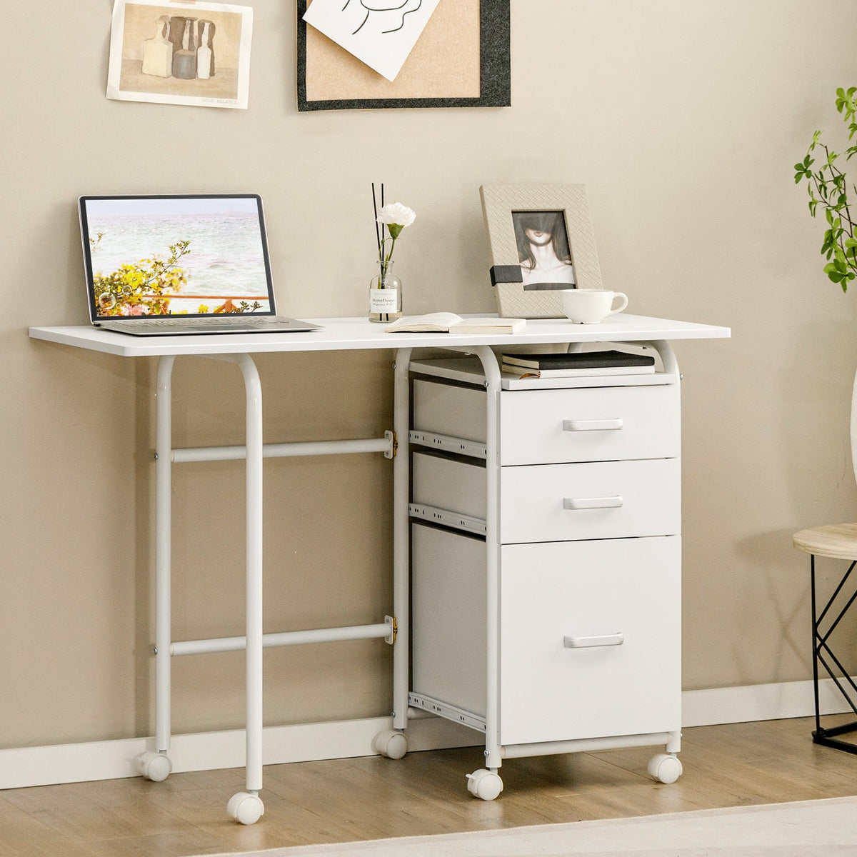Folding Computer Desk with Rolling Wheels and 3 Drawers for Home Office-Brown