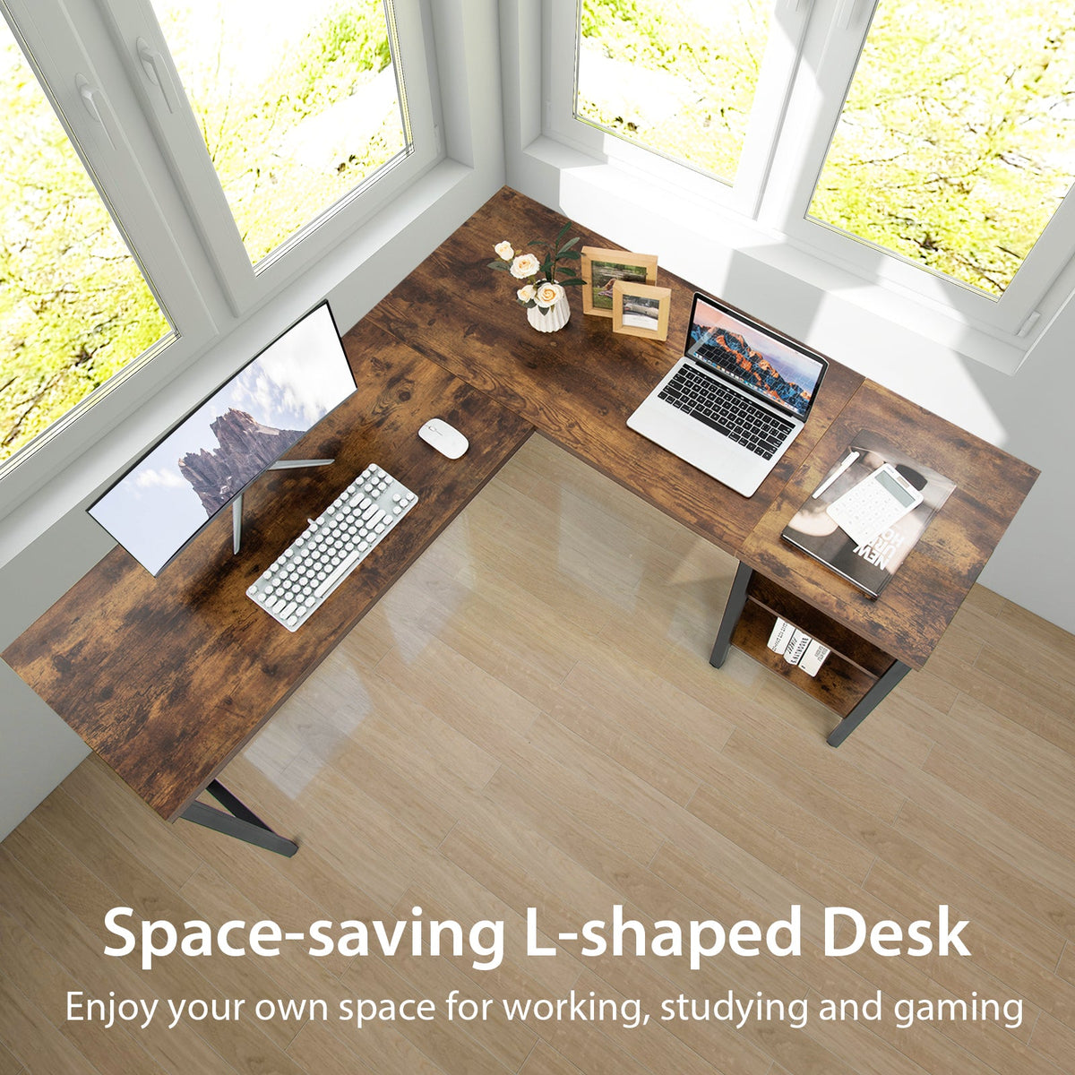 150 x 140 x 75cm Large Corner L-Shaped Computer Desk with 3 Storage Shelves-Oak