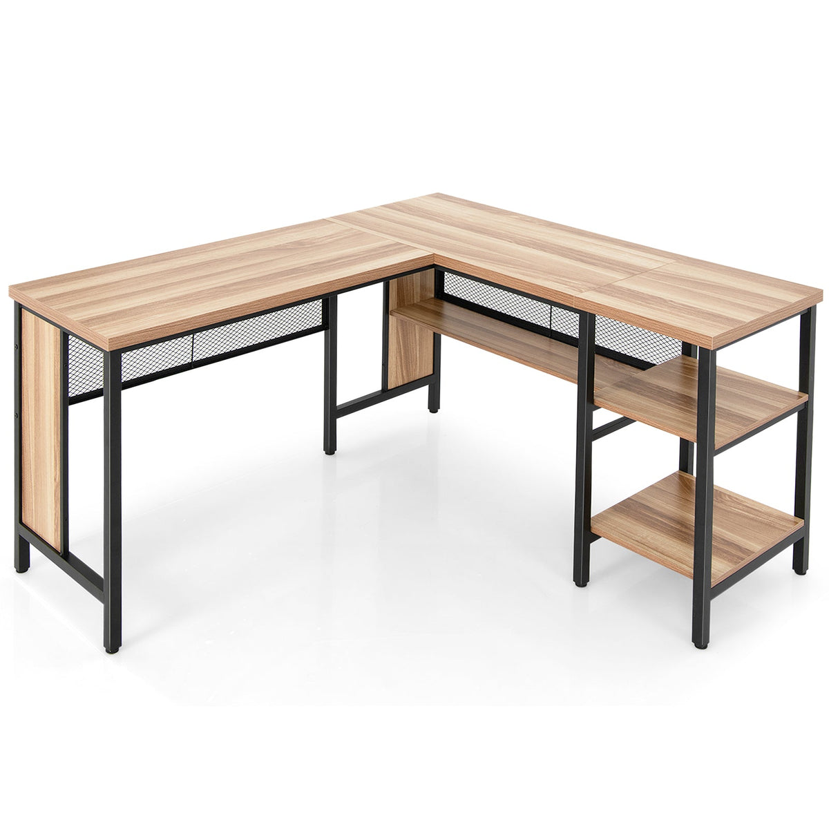 150 x 140 x 75cm Large Corner L-Shaped Computer Desk with 3 Storage Shelves-Oak
