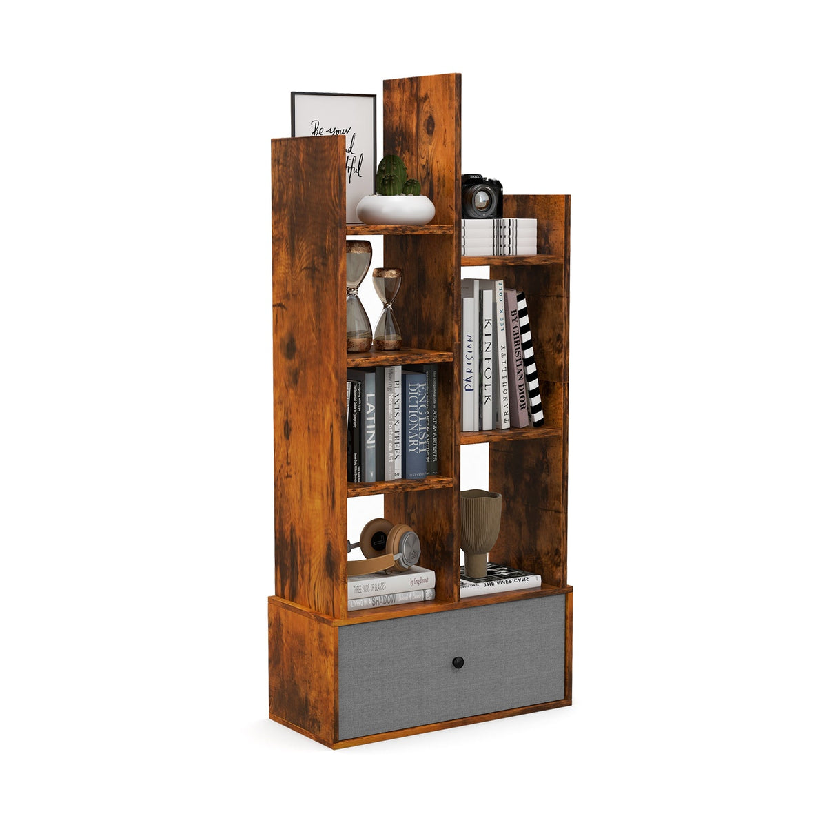 7-Tier Wooden Bookshelf with Folding Drawer for Study Living Room-Rustic Brown