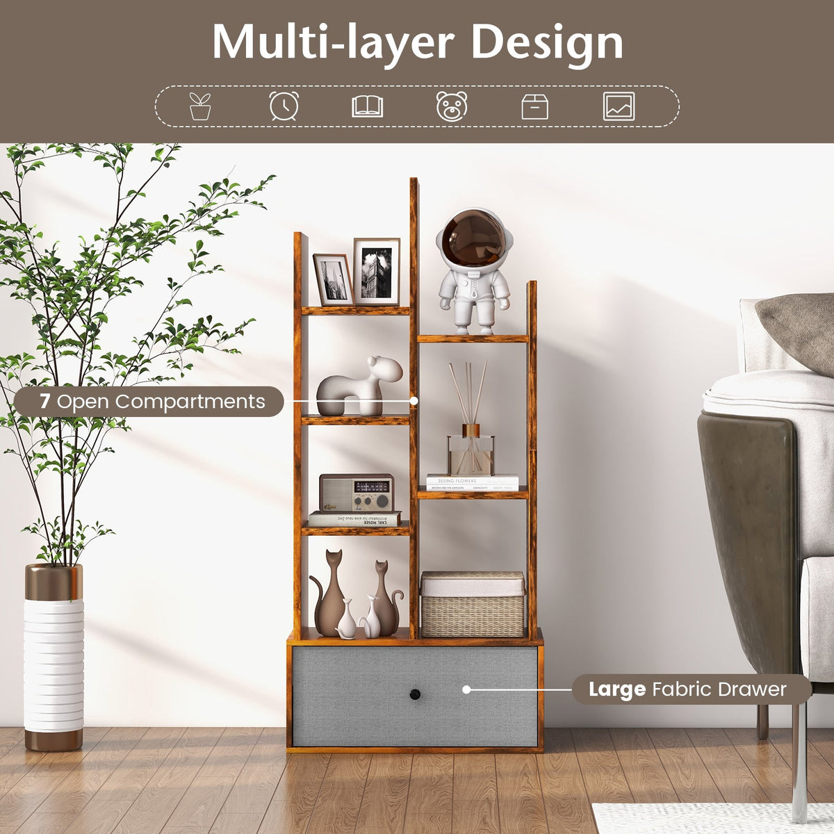 7-Tier Wooden Bookshelf with Folding Drawer for Study Living Room-Rustic Brown