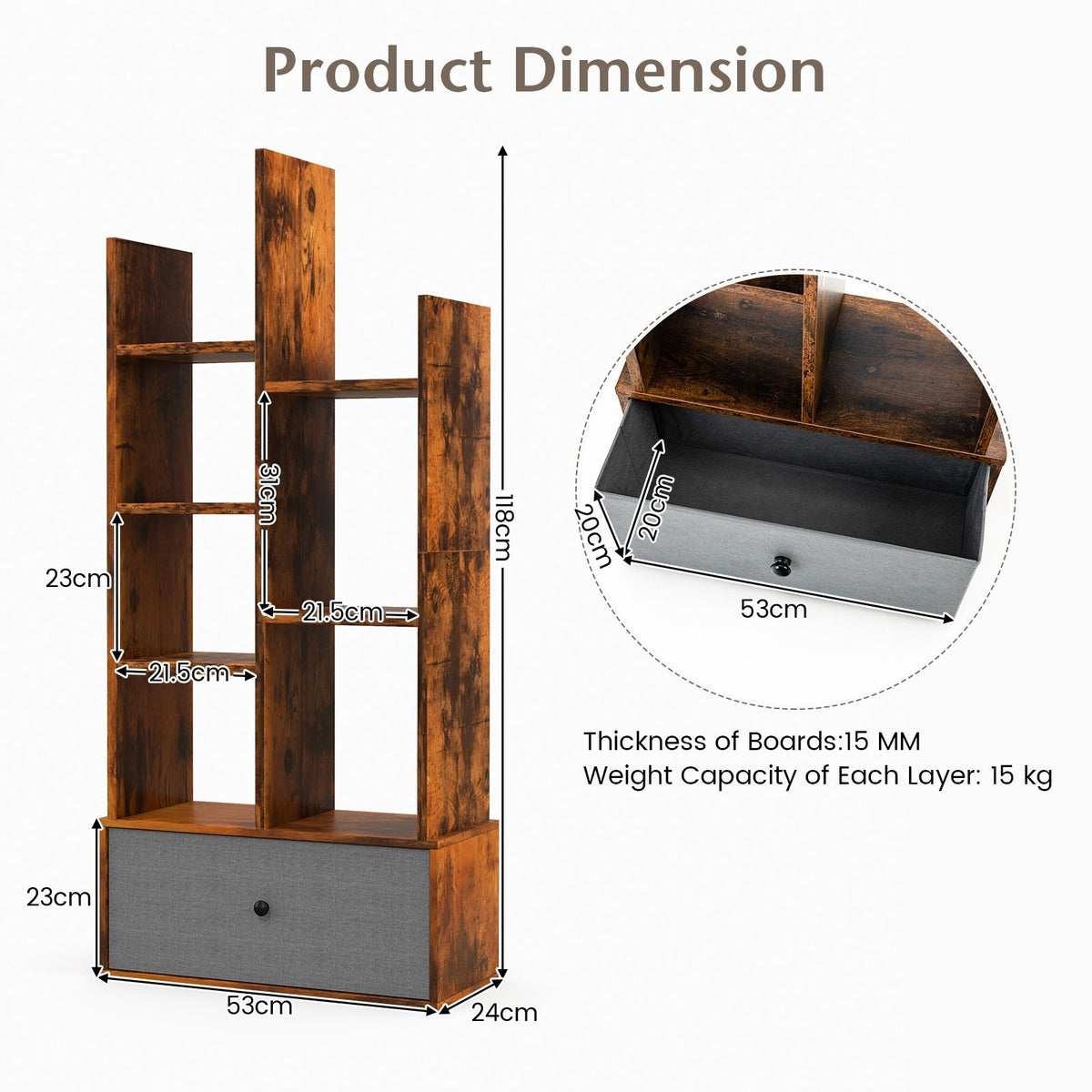 7-Tier Wooden Bookshelf with Folding Drawer for Study Living Room-Rustic Brown