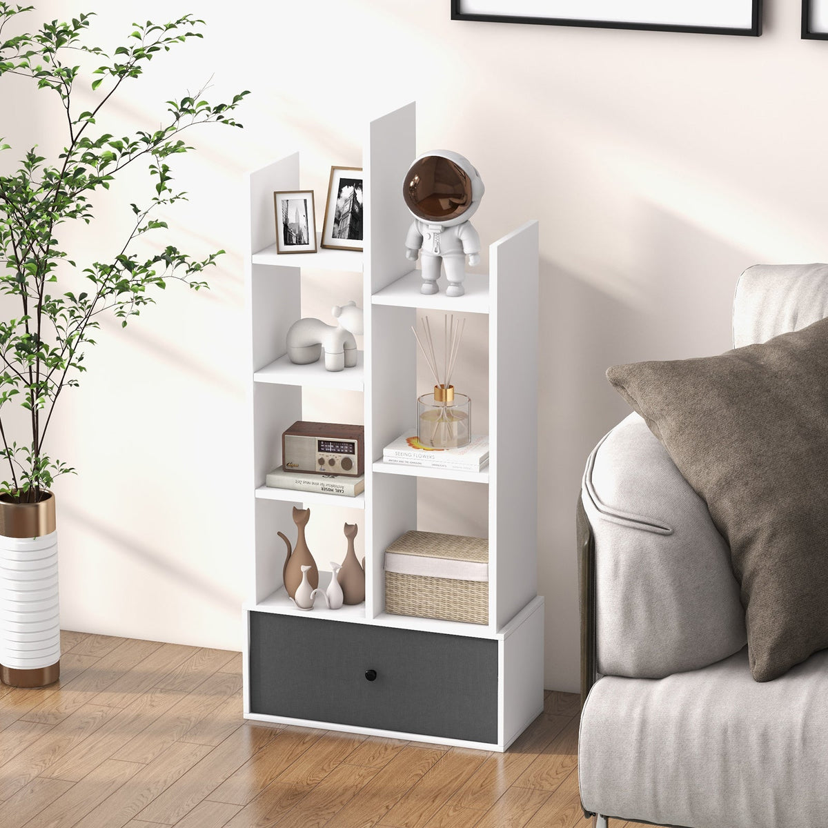 7-Tier Wooden Bookshelf with Folding Drawer for Study Living Room-Rustic Brown