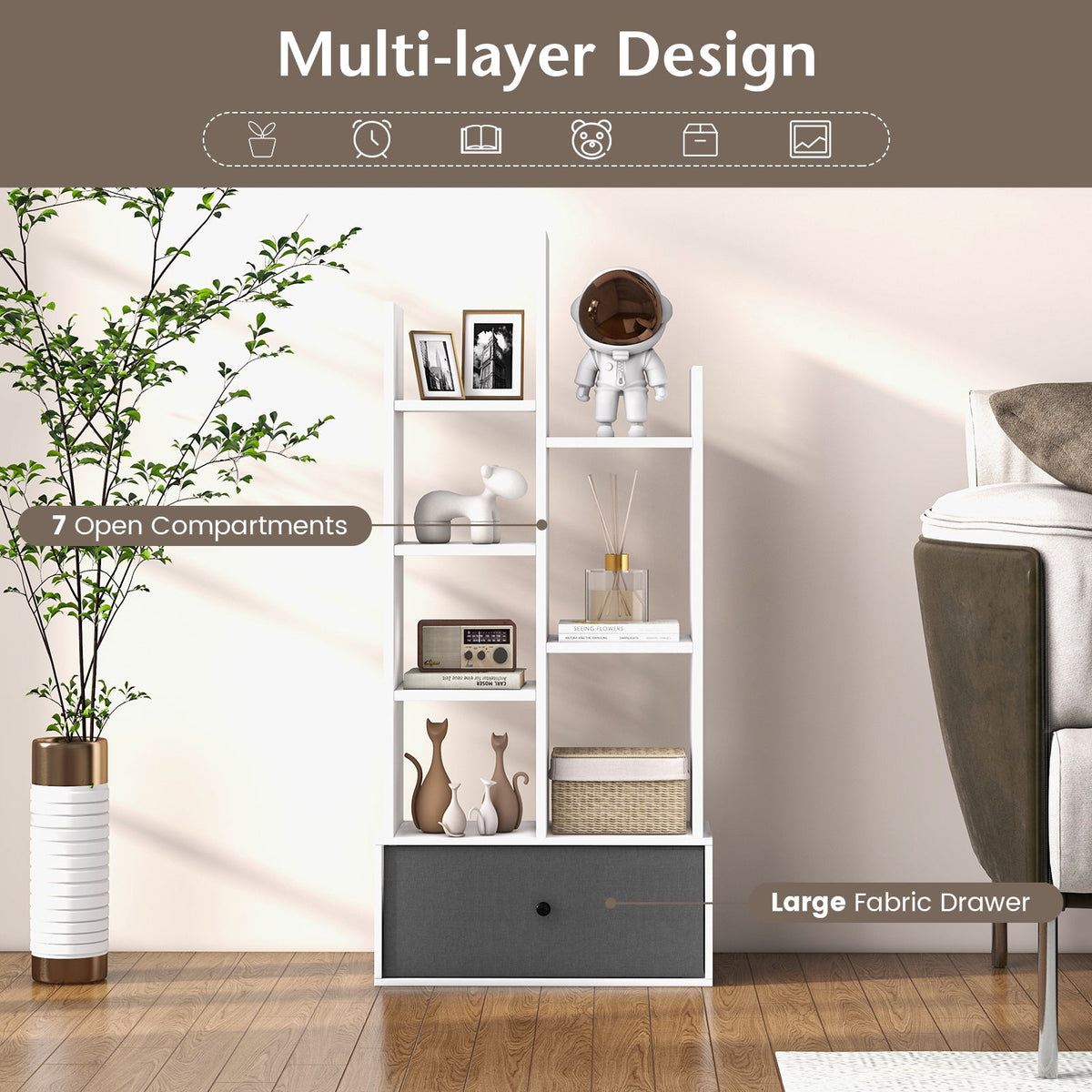 7-Tier Wooden Bookshelf with Folding Drawer for Study Living Room-Rustic Brown
