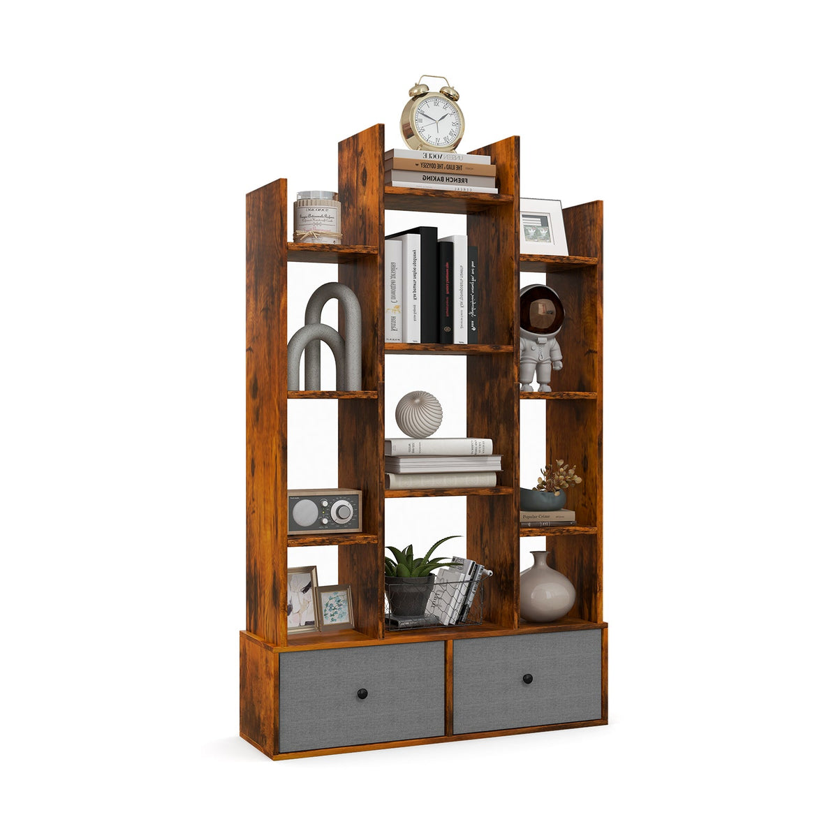 12-Tier Wooden Bookshelf with Folding Drawer for Study Living Room-White