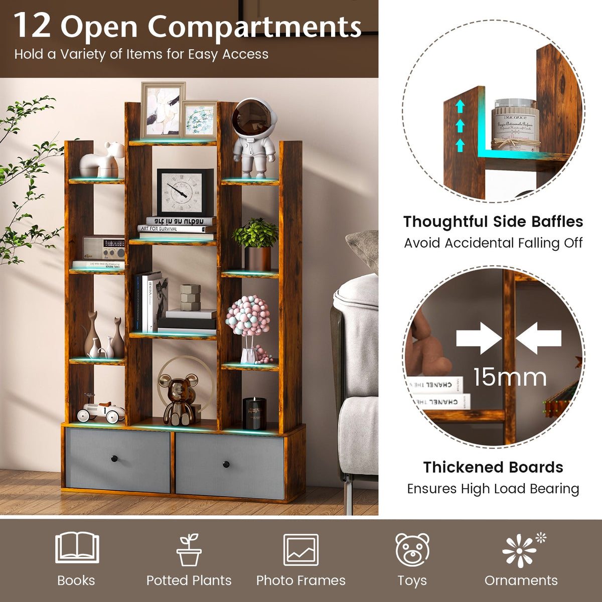 12-Tier Wooden Bookshelf with Folding Drawer for Study Living Room-White