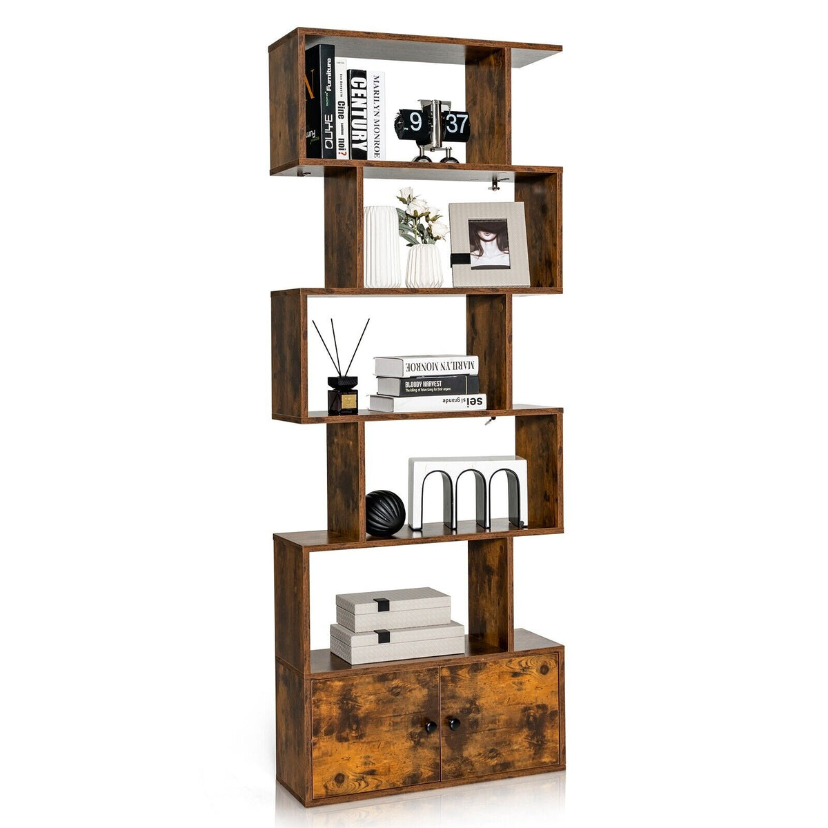 Industrial S-Shaped 5-tier Bookcase with Cabinet-Black