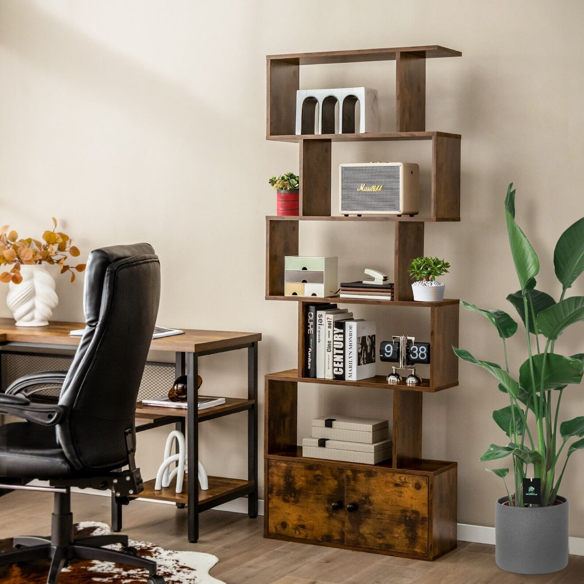Industrial S-Shaped 5-tier Bookcase with Cabinet-Black