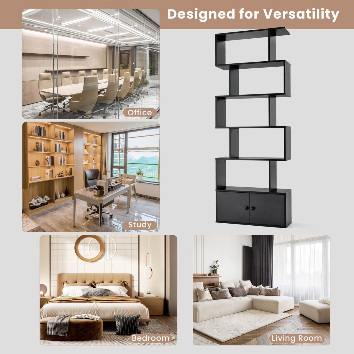 Industrial S-Shaped 5-tier Bookcase with Cabinet-Black