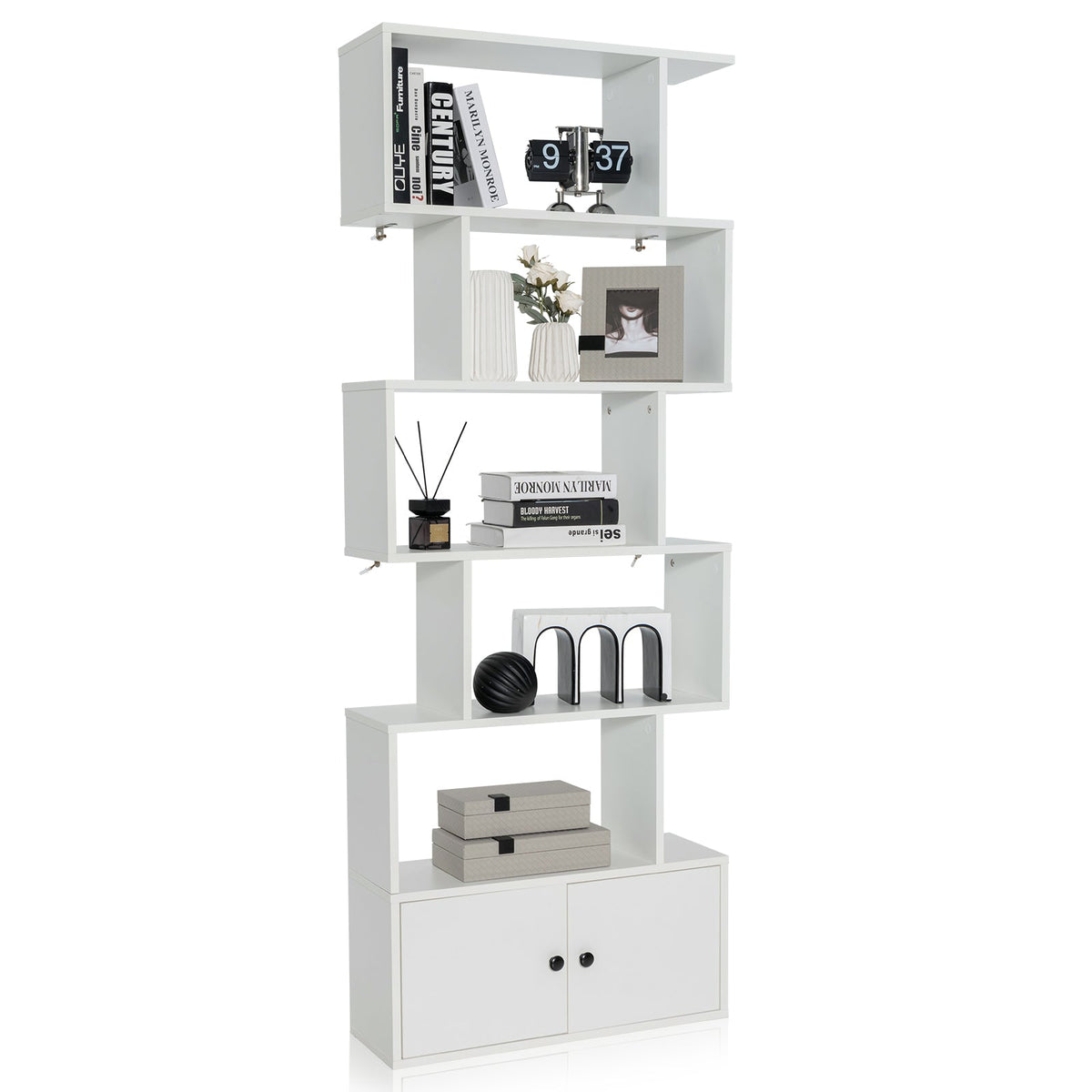 Industrial S-Shaped 5-tier Bookcase with Cabinet-Black