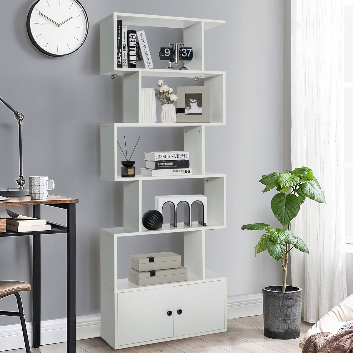 Industrial S-Shaped 5-tier Bookcase with Cabinet-Black