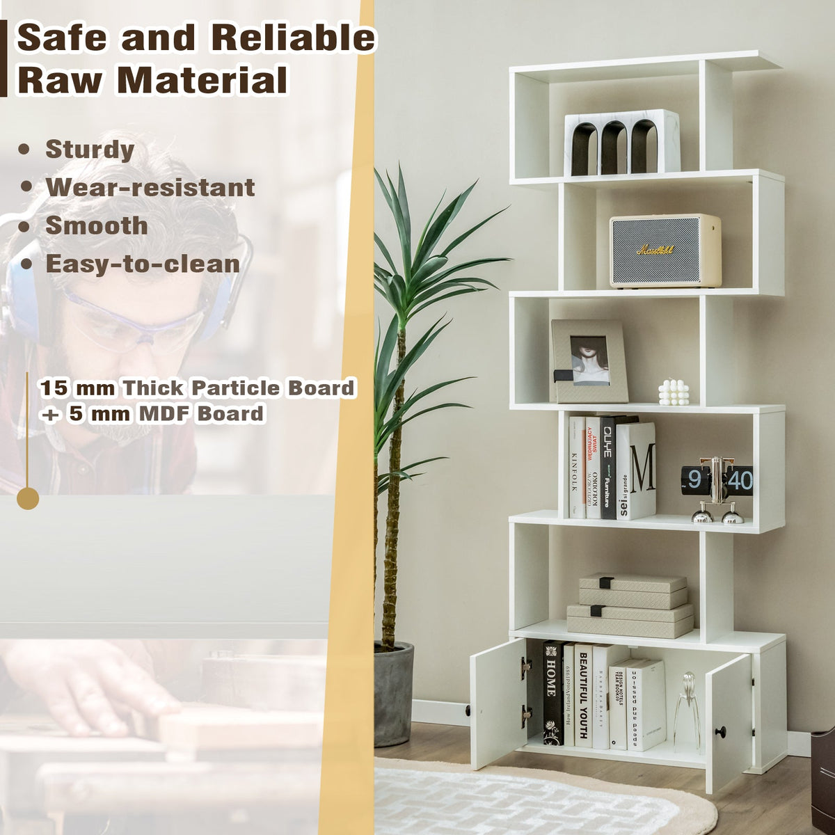 Industrial S-Shaped 5-tier Bookcase with Cabinet-Black
