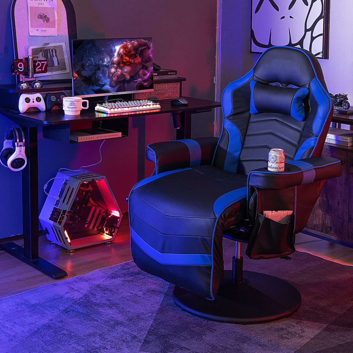 Electric Massage Gaming Chair with Cup Holder and Side Pouch-Black