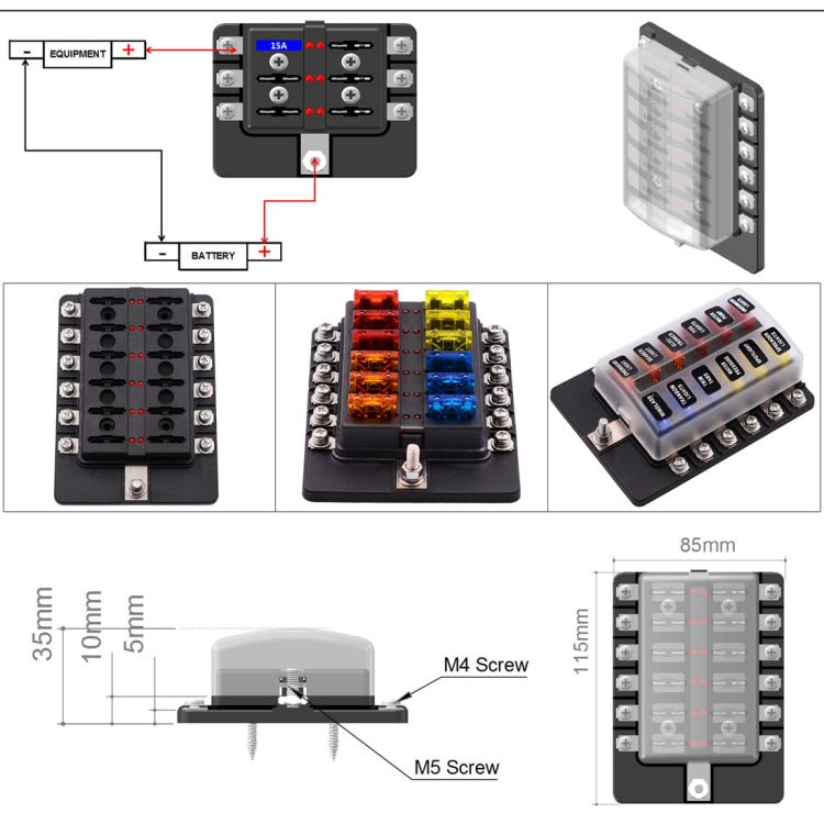 1-in-12-Out-Sicherungskasten mit Schraubklemmenbereich, Sicherungshalter-Kits mit LED-Warnanzeige für Auto, LKW, Boot, 1-in-12-Out (Schraubklemmenbereich)