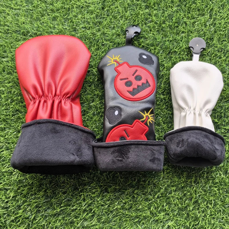 Cartoon Bomb Golf Headcovers PU Leather Driver Fairway Wood Putter Head Covers