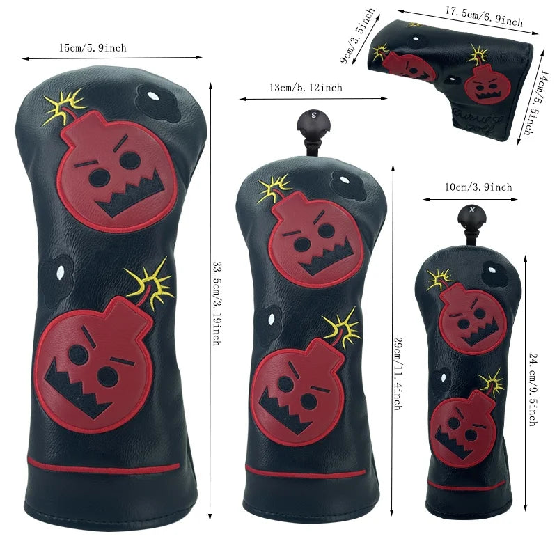Cartoon Bomb Golf Headcovers PU Leather Driver Fairway Wood Putter Head Covers