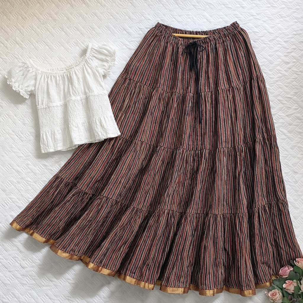 Blackfever Elegant Multicolour Striped Tiered Maxi Skirt – Free Size