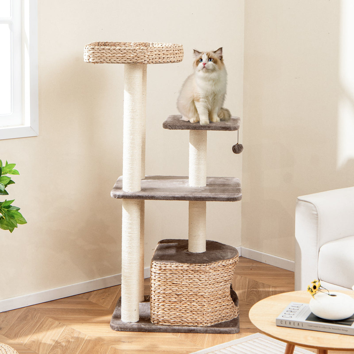 Cattail Cat Tower with Sisal Scratching Posts Perch Condo and Dangling Ball-Coffee