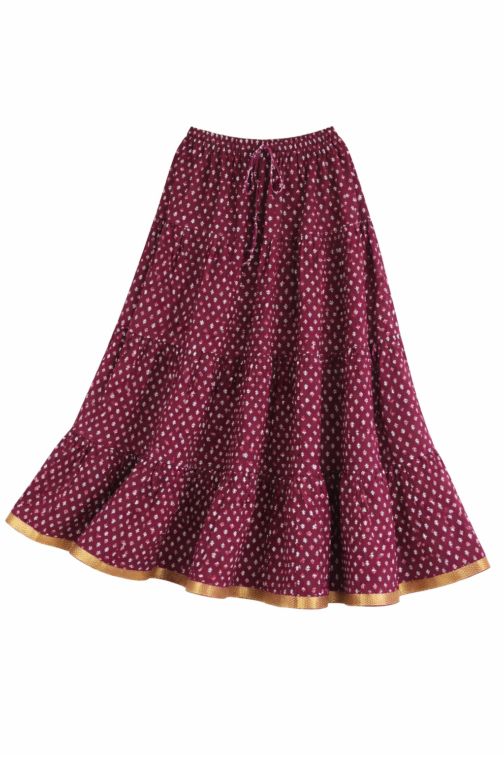 Blackfever Elegant deep plum purple base Printed Tiered Skirt – Free Size