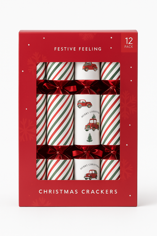 Christmas Crackers 12 Pack – Festive Red Truck & Candy Stripe Design