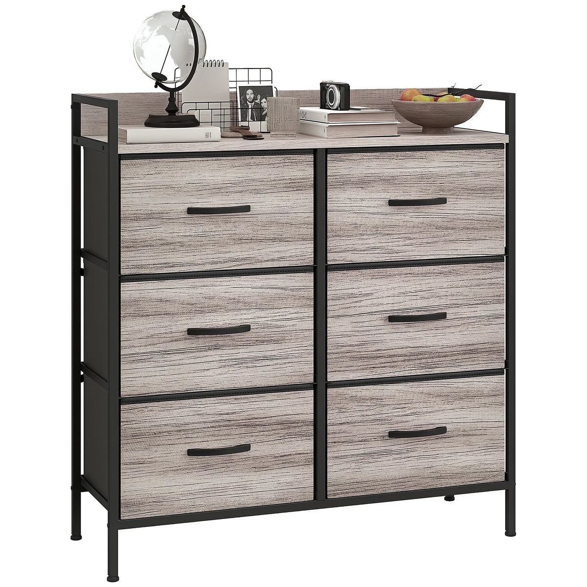 Bedroom Chest of Drawers - 6 Drawer Dresser with Shelf, Grey Wood Effect Table