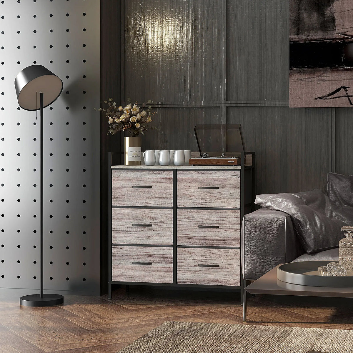 Bedroom Chest of Drawers - 6 Drawer Dresser with Shelf, Grey Wood Effect Table