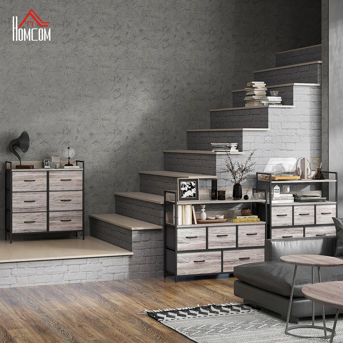 Bedroom Chest of Drawers - 6 Drawer Dresser with Shelf, Grey Wood Effect Table