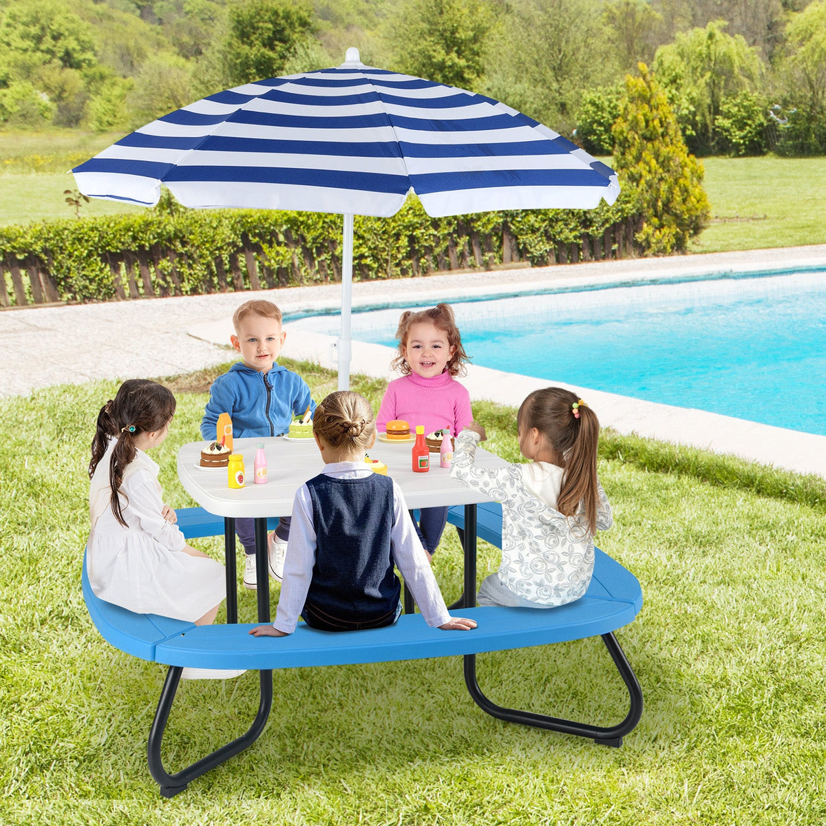 Children HDPE Kids Picnic Table with Height Adjustable Umbrella-Blue