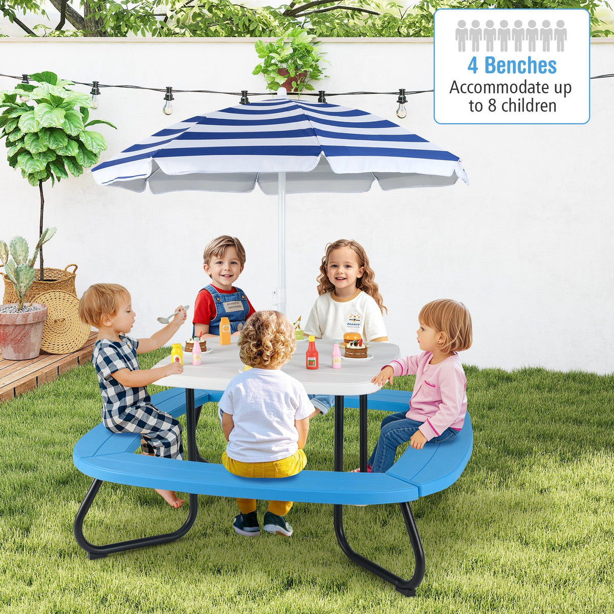 Children HDPE Kids Picnic Table with Height Adjustable Umbrella-Blue