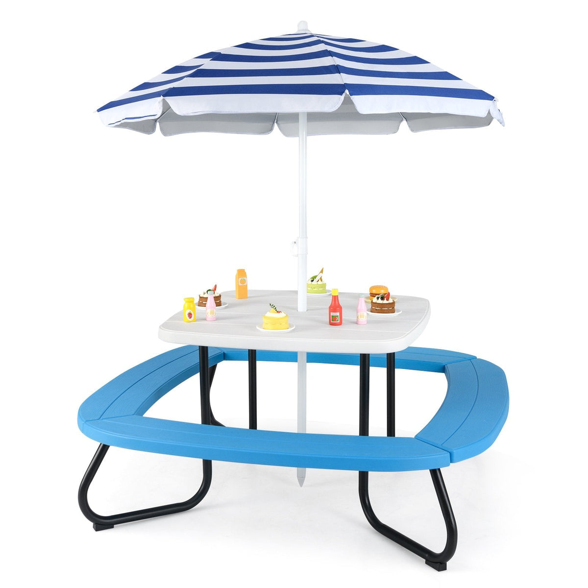 Children HDPE Kids Picnic Table with Height Adjustable Umbrella-Blue