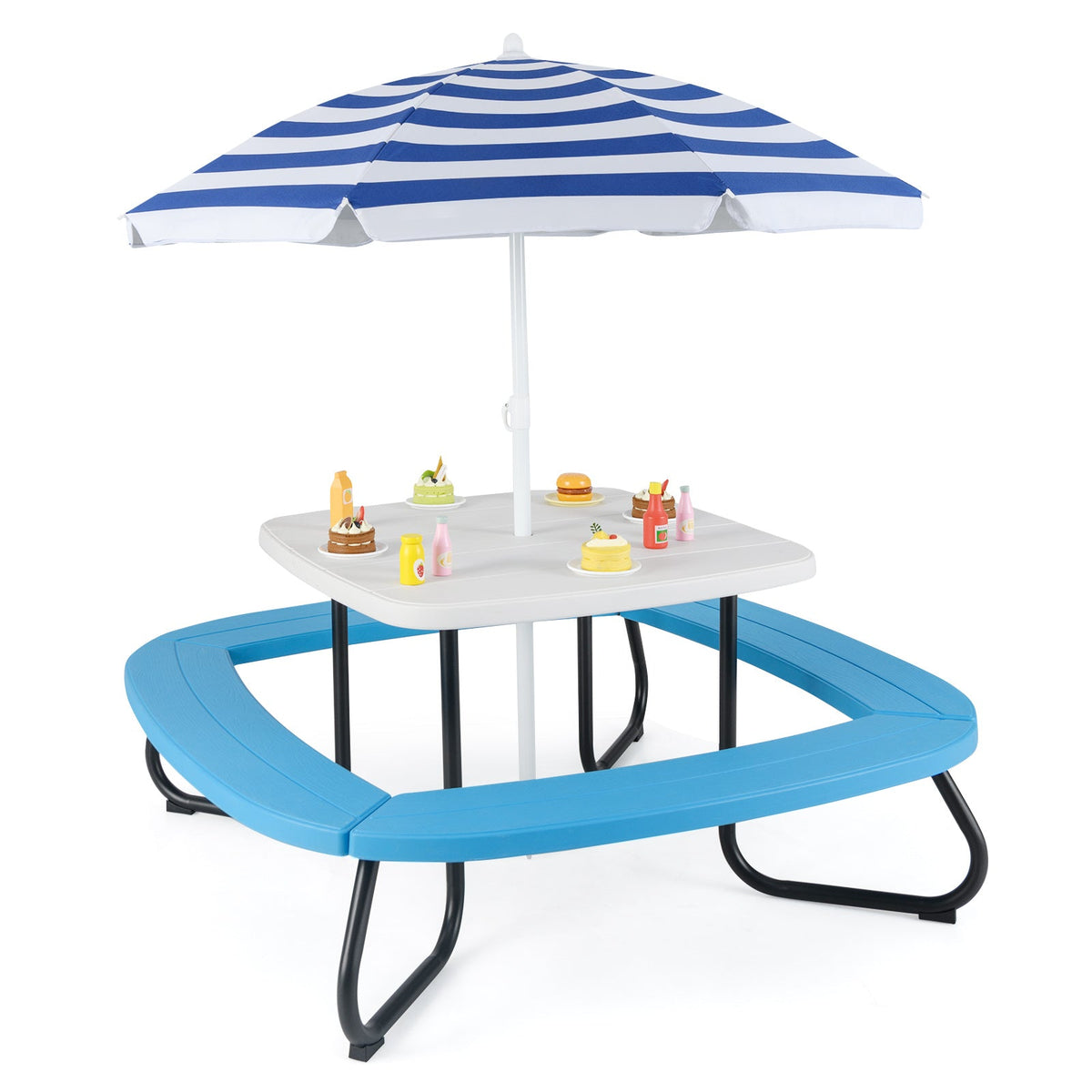 Children HDPE Kids Picnic Table with Height Adjustable Umbrella-Blue