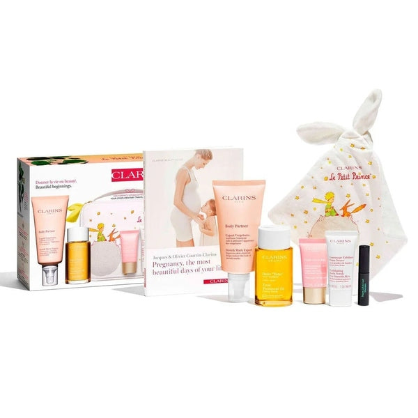 Clarins Beautiful Beginnings Gift Set 175ml Stretch Mark Expert + 30ml Exfoliating Body Scrub + 15ml Multi-Active Day Cream + 100ml  Tonic Treatment Oil + 3ml Supra Lift & Curl Mascara + Comforter