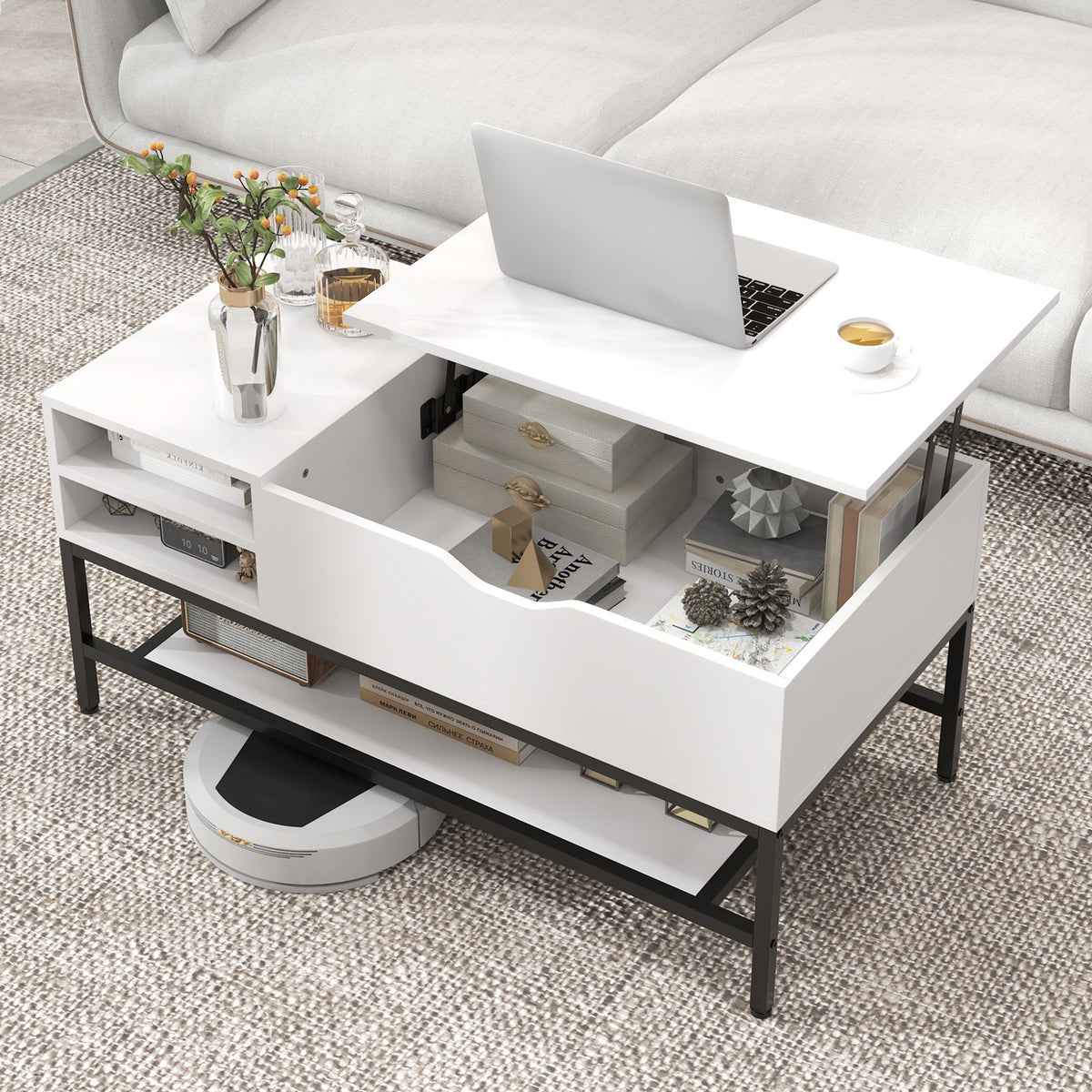 Lift Top Coffee Table with Hidden Compartment and Removable Shelf-Grey