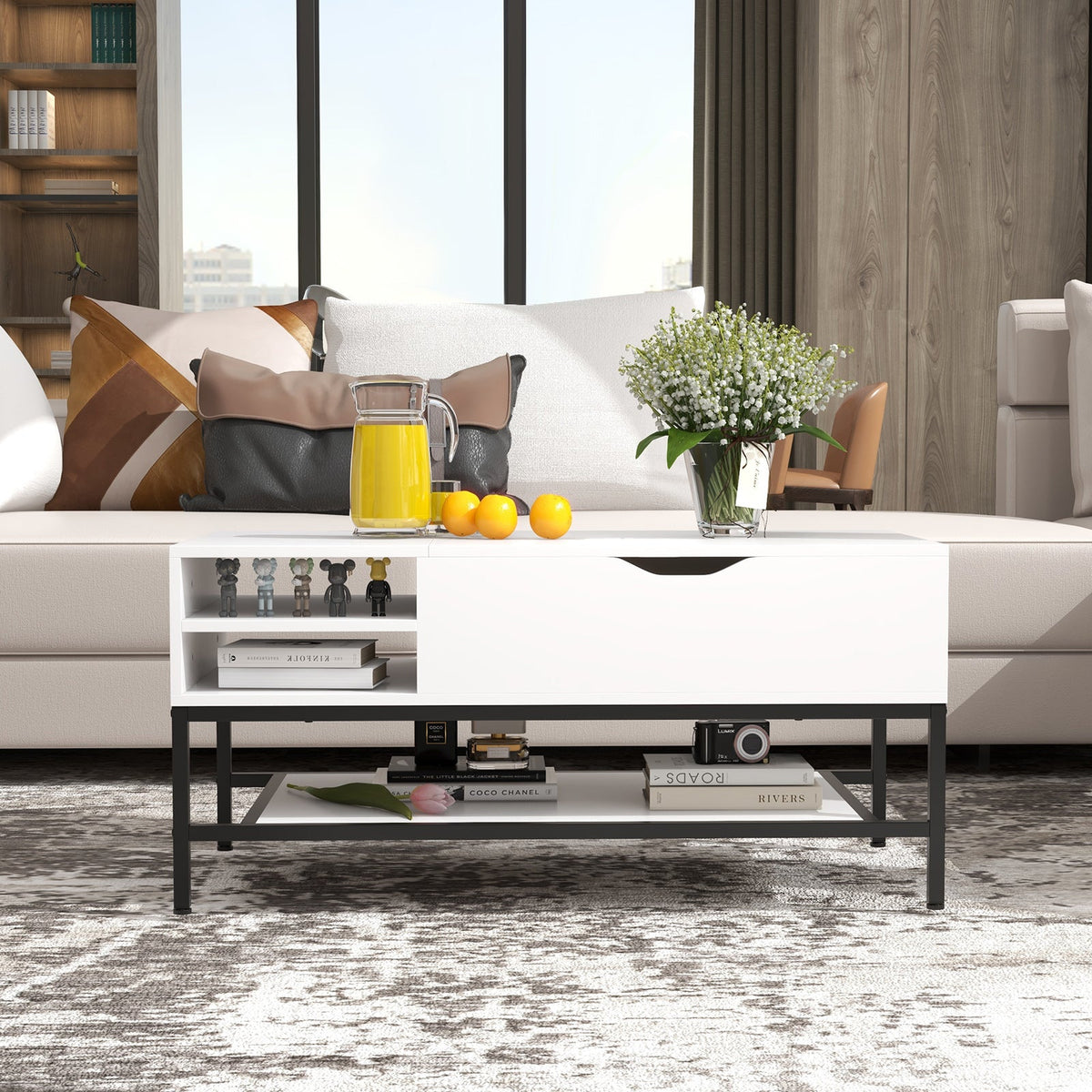 Lift Top Coffee Table with Hidden Compartment and Removable Shelf-Grey