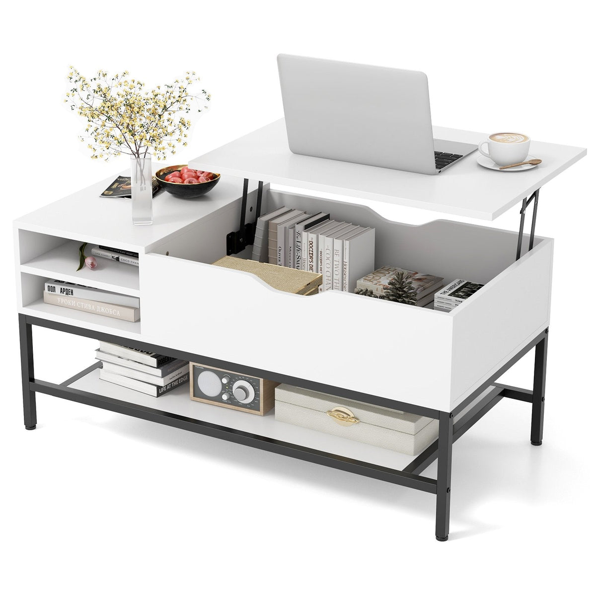 Lift Top Coffee Table with Hidden Compartment and Removable Shelf-Grey