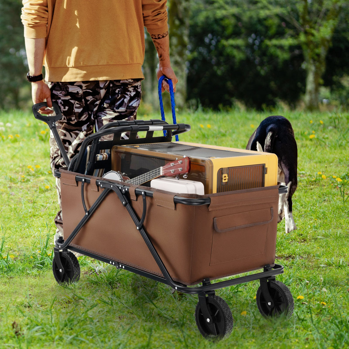 Collapsible Foldable Wagon Cart with Adjustable Handlebar-Coffee