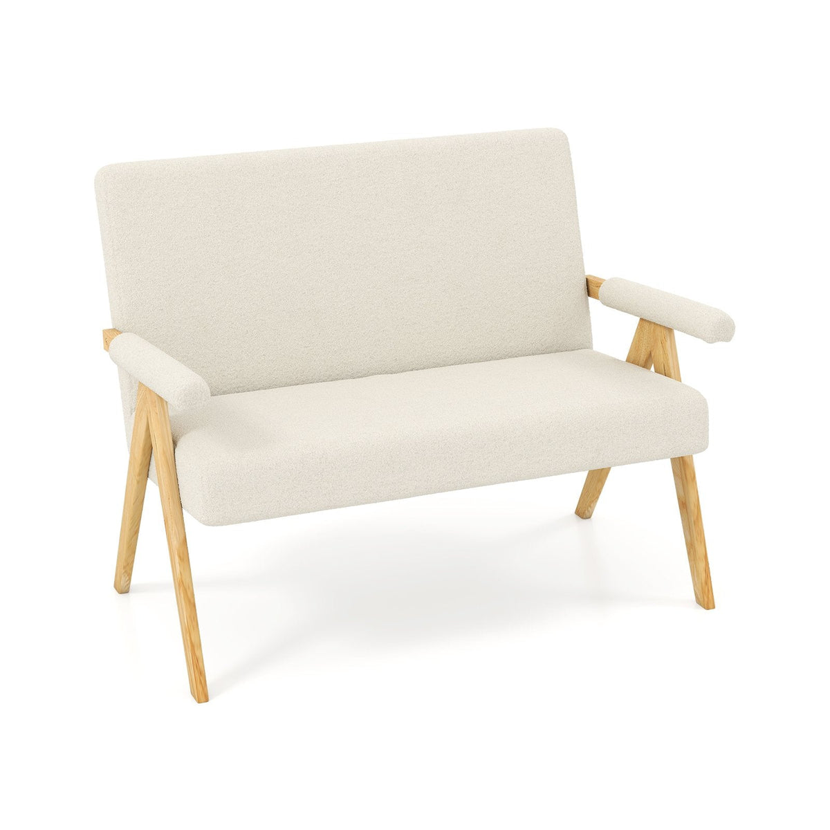 Comfy Upholstered Sherpa Couch with Armrests and Wooden Legs-Beige