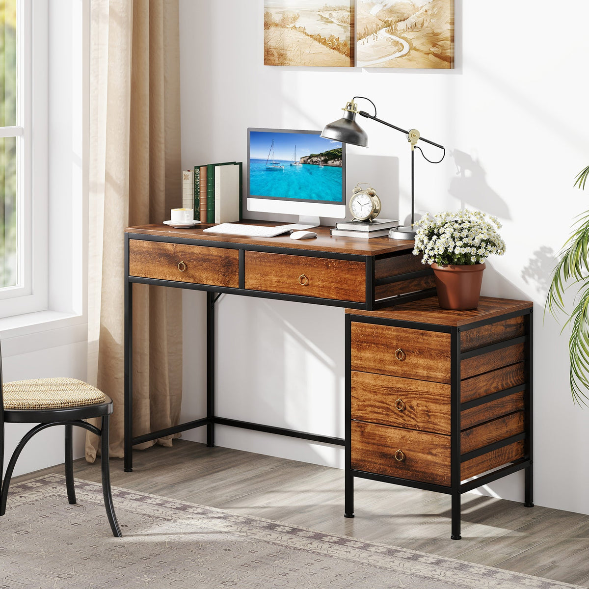 Computer Desk with 5 Drawers and Side File Cabinet-Grey
