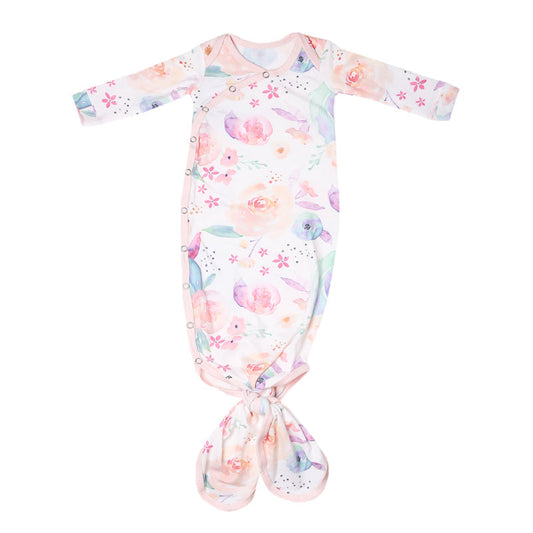 Copper Pearl Newborn Knotted Gown – Bloom Print | 0–4 Months