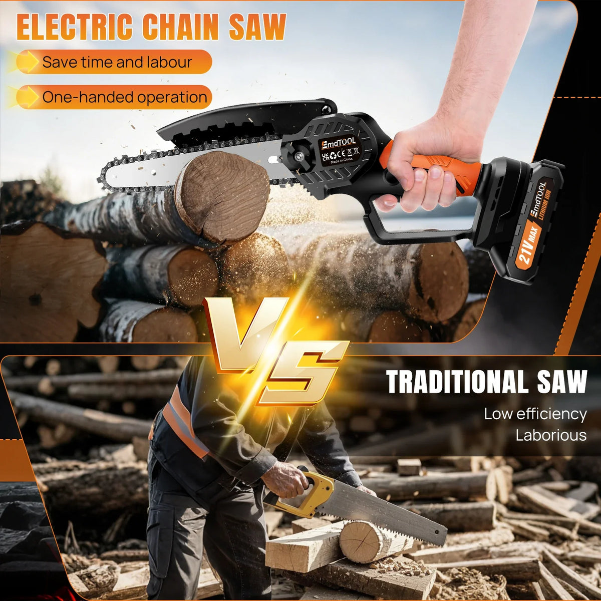 Cordless Mini Chainsaw 6-Inch Handheld Chain Saw - Electric Wood Cutting Tool